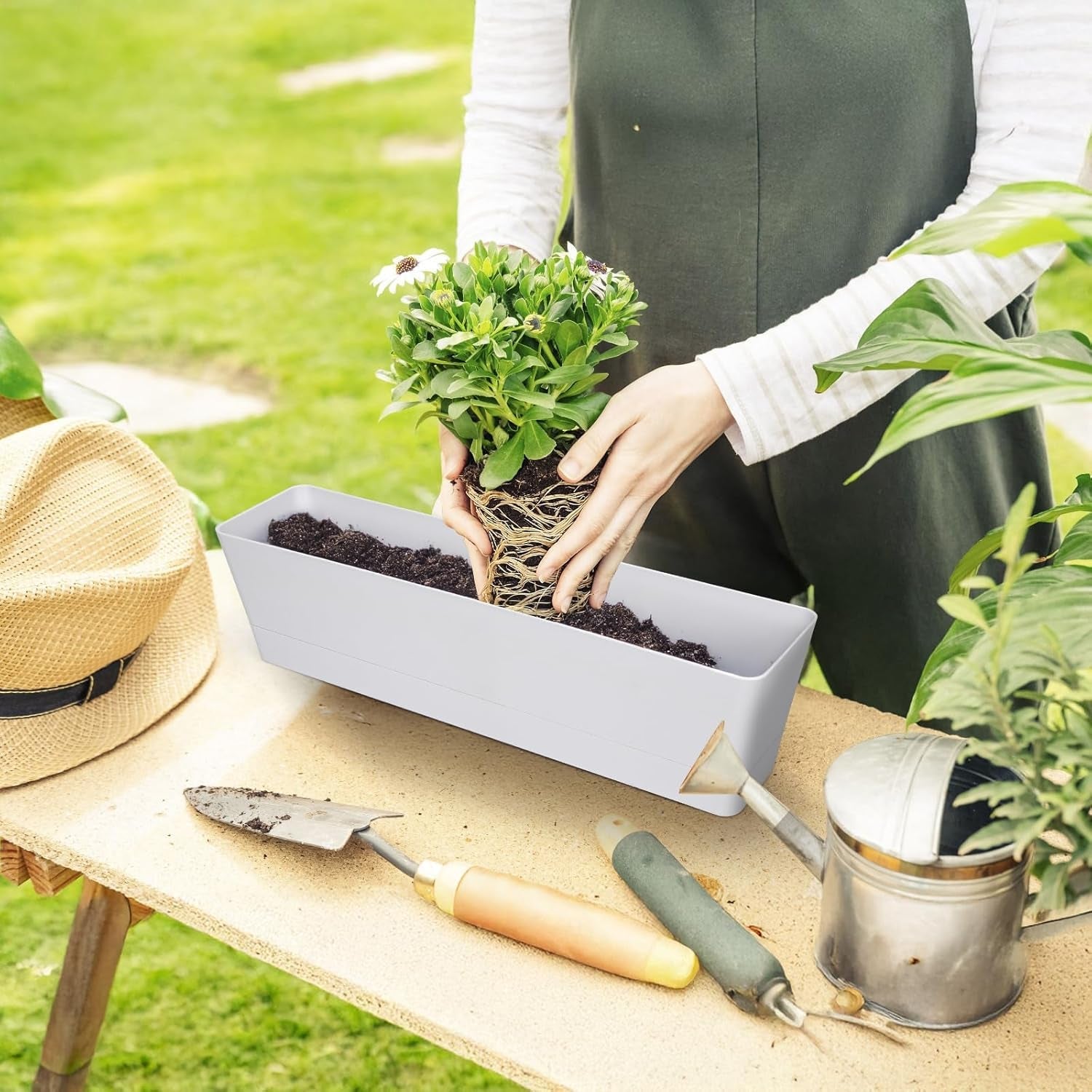 Set de 3 ghivece dreptunghiulare (40,6 × 9,7 cm) cu farfurioare – ghivece albe din plastic pentru ierburi, flori, legume – pentru balcon, grădină, pervaz, interior și exterior