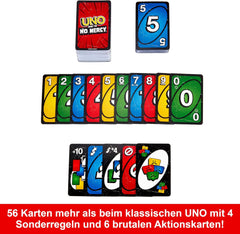 Mattel UNO Show „em No Mercy – 56 dodatkowych kart, wymagające karty akcji i brutalne zasady gry w najbardziej bezlitosnej wersji, zasady układania i wymiana rąk, wiek 7+, HWV18