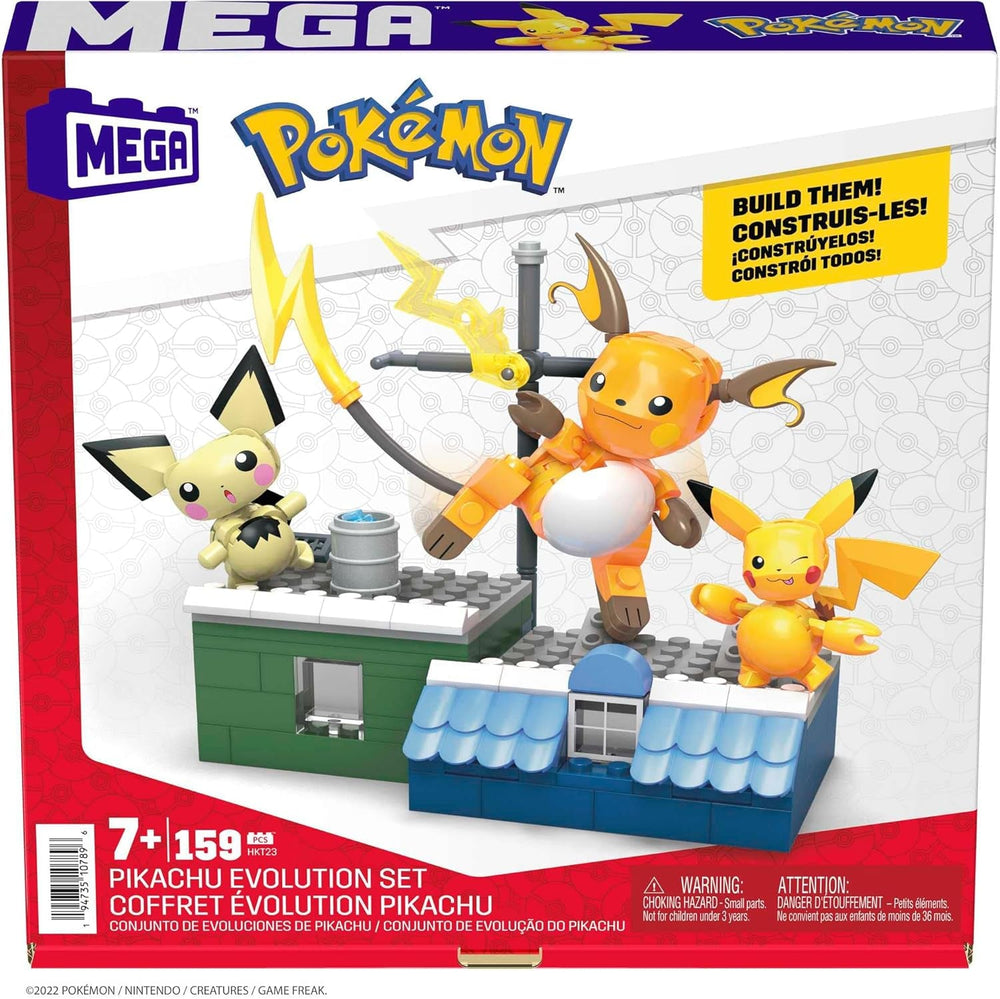 Mega Brands POKÉMON Pikachu - Evolutionsset mit Pichu, Pikachu und Raichu mit thematisch passender Umgebung und Battle-Effekt-Elementen, für Kinder ab 6 Jahren, HKT23