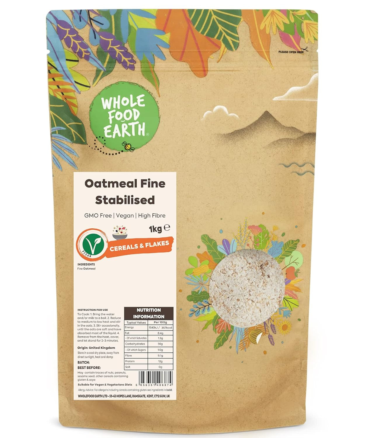 Wholefood Earth Fine Oats - bez GMO - wegańskie - bez nabiału - bez dodatku cukru 1 kg