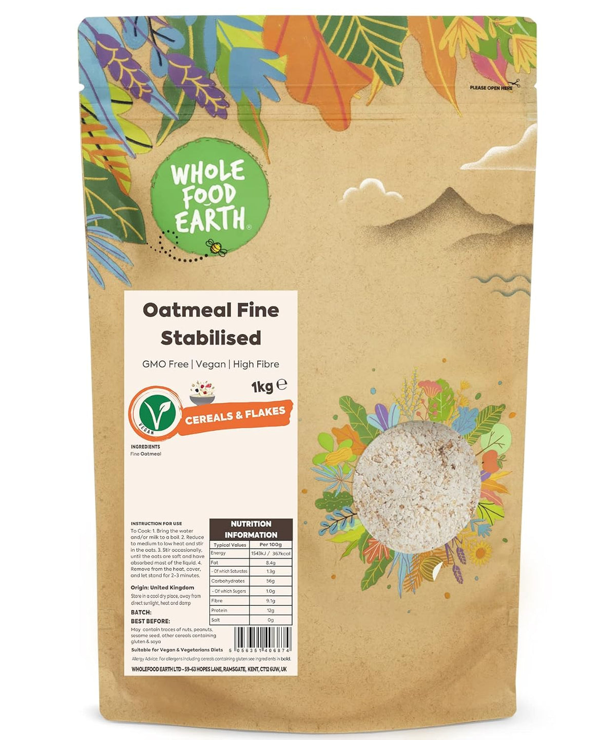 Wholefood Earth Fine Oats - bez GMO - wegańskie - bez nabiału - bez dodatku cukru 1 kg