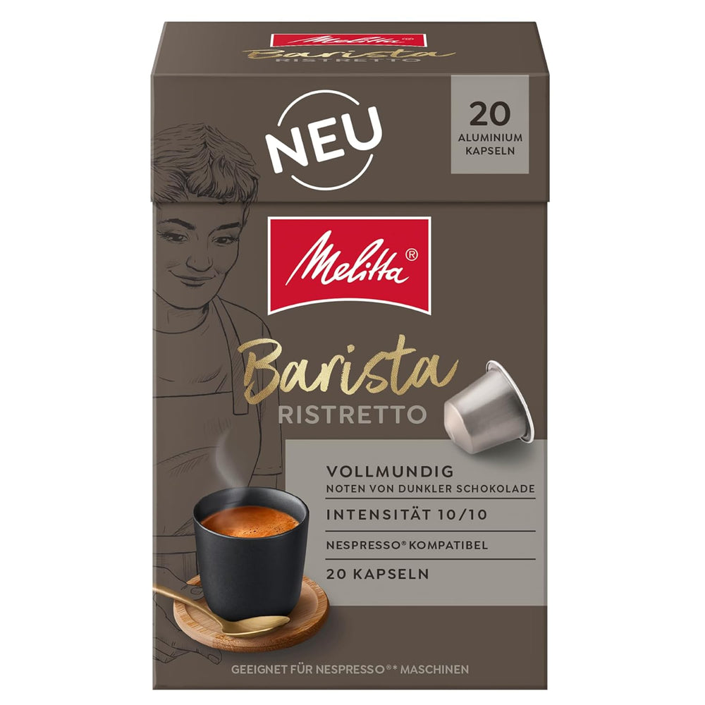 Melitta Barista Ristretto Kaffee-Kapseln 20 Stück je 5,5g, gemahlen, in Portionskapseln für Nespresso*-Maschinen, Vollmundig, Noten von dunkler Schokolade