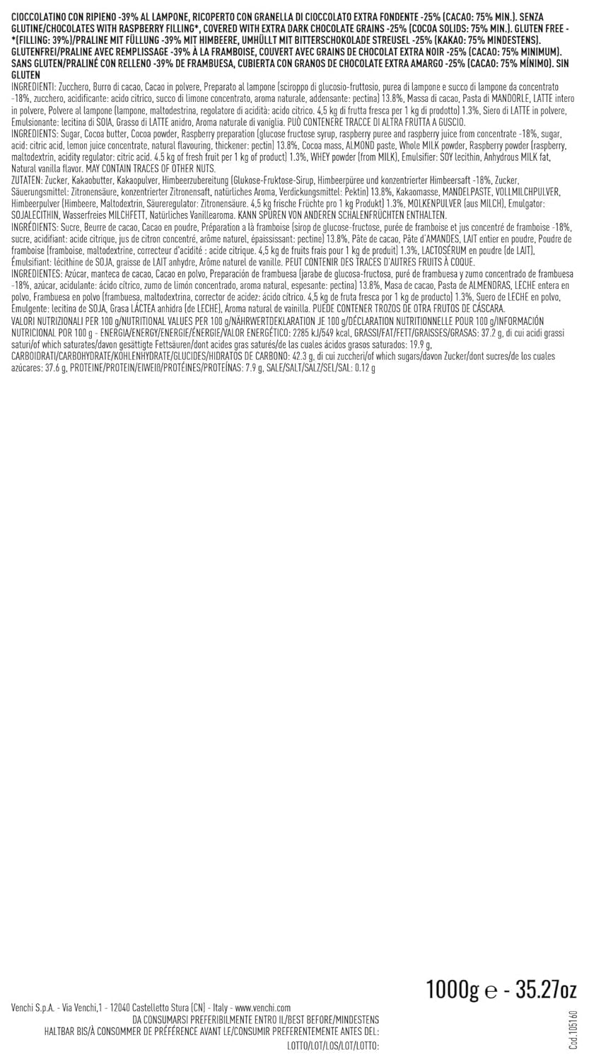 Venchi – Chocoviar Raspberry, praliny w torebce 1 kg, z gorzką czekoladą, bez glutenu, bez sztucznych barwników i bez konserwantów