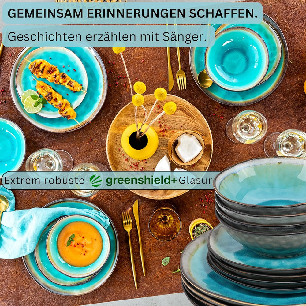 SÄNGER | Set de veselă Capri cu 12 piese, set de farfurii pentru 4 persoane, veselă din gresie, inclusiv farfurii de cină, farfurii de desert și farfurii de sumă, serviciu de cină turcoaz lucrat manual cu margine gri | COLECȚIA PREMIUM