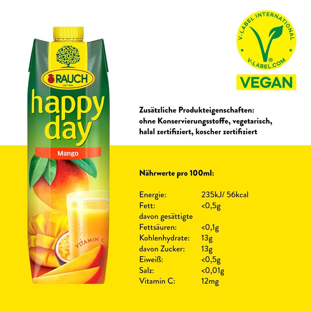 Rauch Happy Day Mango | Wyrafinowany napój z marakui | Dużo witaminy C | 6 x 1 litr, Tetra Prisma Naty Shop