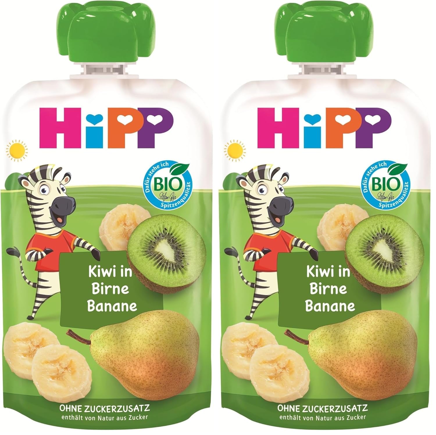 HiPP Bio Quetschie Kiwi w Birne-Banana - Charlie Zebra (8 x 100g), ab 1 Jahr, 100% Fruchtpüree, ohne Zuckerzusatz, wegańskie, w najlepszej Bio-Qualität (Packung mit 2)