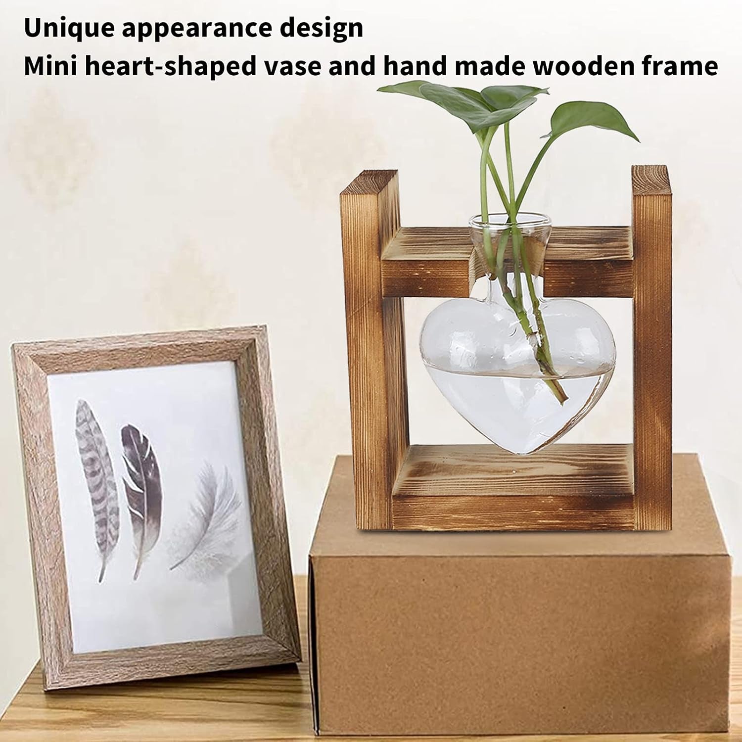 Drewniane stojaki do terrarium na rośliny, wazon na stół w kształcie serca, rośliny hydroponiczne z przezroczystego szkła do dekoracji domowego ogrodu, hydroponiczne dekoracje kwiatowe do biura, salonu, kuchni (A)