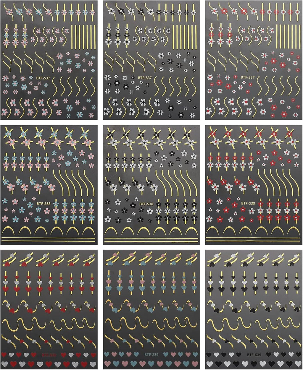 JMEOWIO Nagelsticker Herz Linien Blumen 9 Blatt Nail Art Sticker Selbstklebend Nagelaufkleber Bunte Dekoration Nageldesign Zubehör