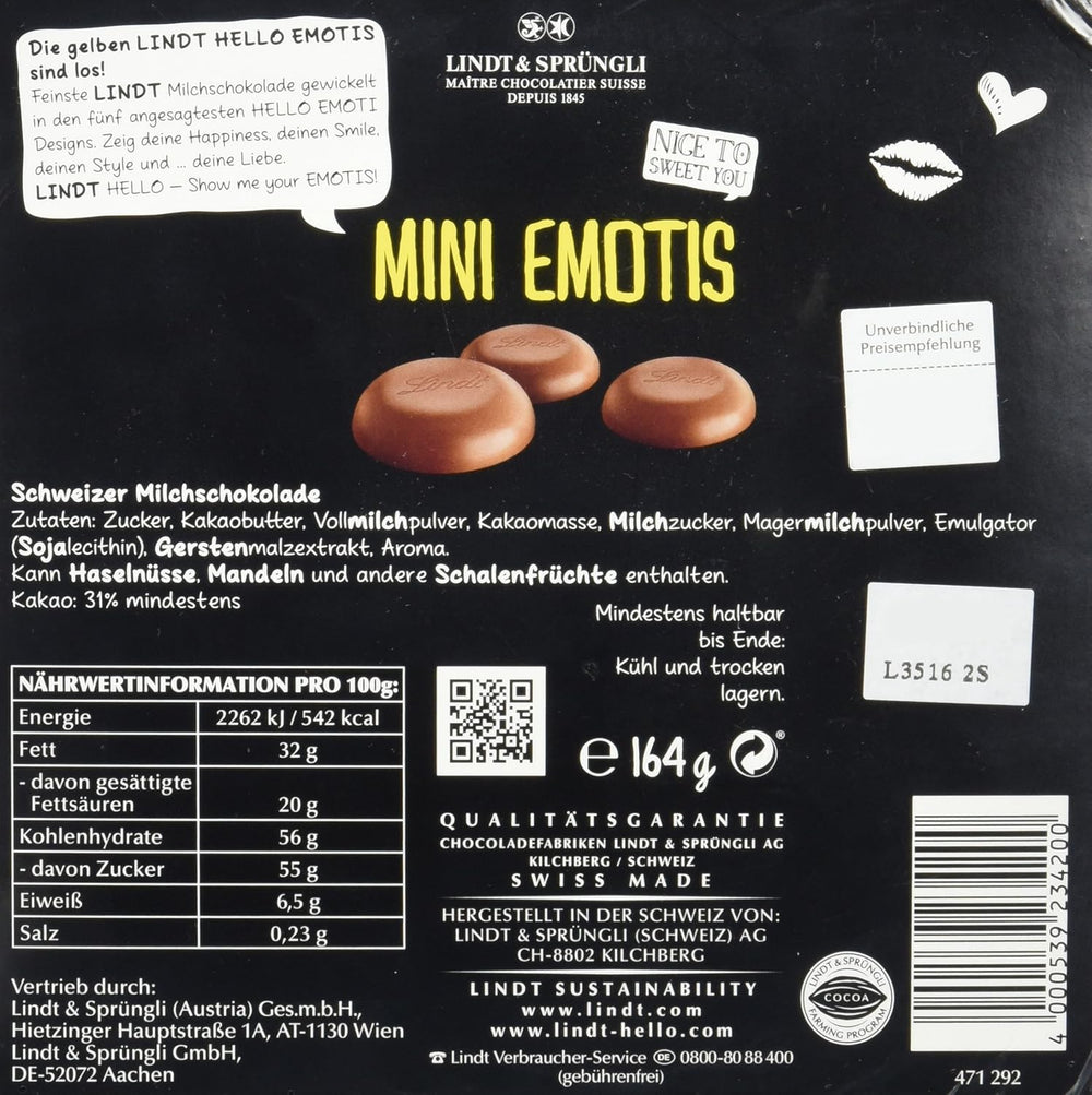 Asortyment czekoladowy (37 kulek LINDOR, 24 patyczki Hello Mini, 10 Mini Fioretto), prezent czekoladowy (1 x 815 g) i HELLO Mini Emoti, mleczna czekolada w 5 wzorach emotikonów, 164 g