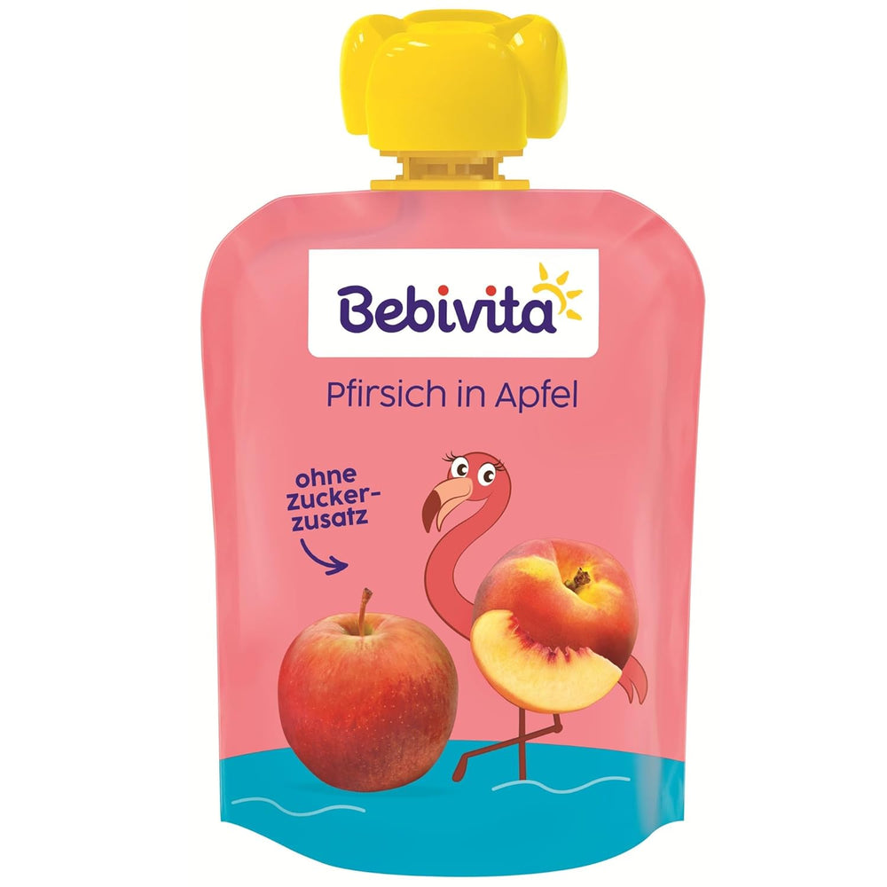 Woreczki do wyciskania Peach Apple - 16 opakowań (4 opakowania po 4 x 90 g każde), bez dodatku cukru, bezglutenowe, wegańskie, idealne dla dzieci od 5. miesiąca życia, idealne na wynos