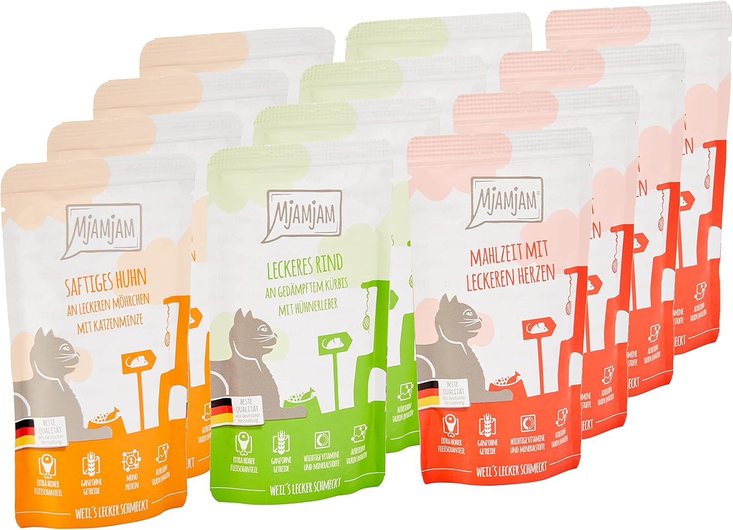 MjAMjAM - Hrană umedă premium pentru pisici - Pachet mixt I - Pui, Vită, Inimi, pachet de 12 (12 x 125 g), fără cereale cu carne suplimentară