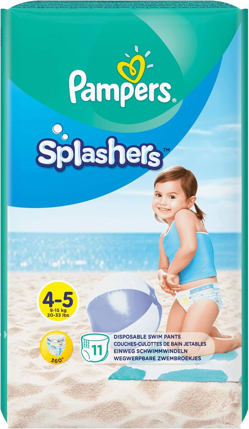 Pampers (stara wersja), Splashers Jednorazowe spodenki kąpielowe – Rozmiar 5/6 (14 kg+) – Pudełko zawierające 8 opakowań po 10 sztuk