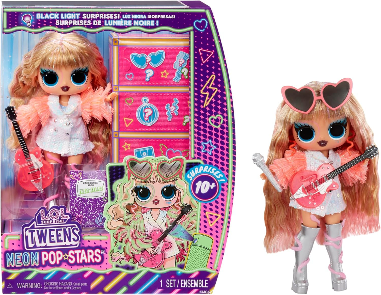KUPA ŚMIECHU. Niespodzianka! Tweens Neon Pop Stars - Kitty K - 1 Modepuppe z podświetlanymi niespodziankami i ponad 10 modami i akcesoriami dla gwiazd popu, w tym Retro Mikro-Ständer, Geschenk für Kinder ab 4