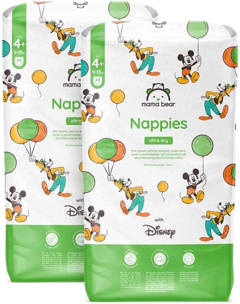 Pieluchy Mama Bear Disney Ultra Dry Rozmiar 4 (8-14kg), Białe, 84 sztuki (1 opakowanie) Naty Shop Rozmiar 4+ (9-15kg) Opakowanie miesięczne