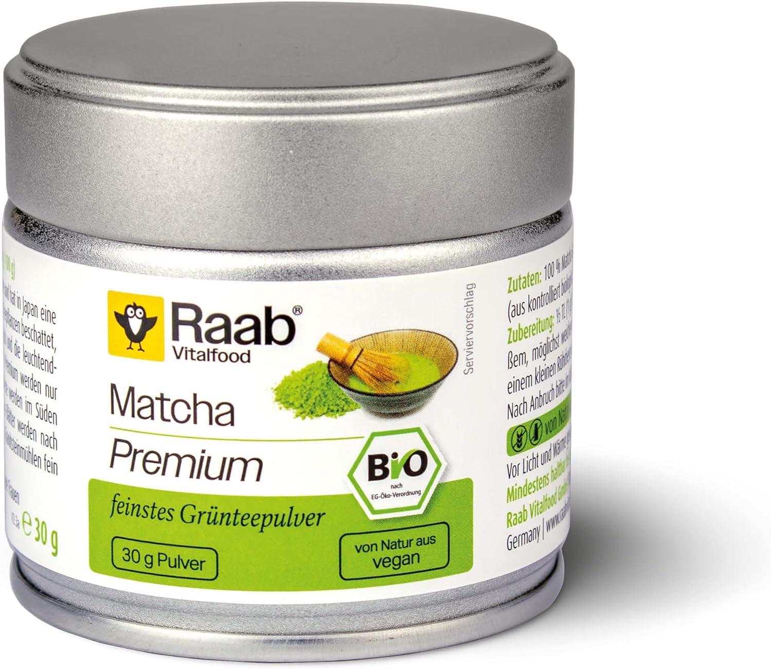 Raab Vitalfood® Pudră Matcha Premium Bio (30 g) - Original din Japonia, pudră Matcha pură fără aditivi, măcinată fin, gust fin-amar, pudră de ceai verde, vegan, ceremonie de ceai