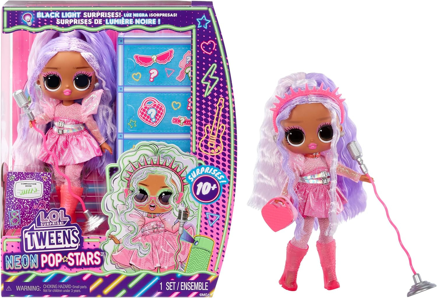 KUPA ŚMIECHU. Niespodzianka! Tweens Neon Pop Stars - Kitty K - 1 Modepuppe z podświetlanymi niespodziankami i ponad 10 modami i akcesoriami dla gwiazd popu, w tym Retro Mikro-Ständer, Geschenk für Kinder ab 4