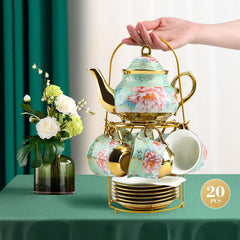Set de ceai din ceramică cu suport metalic, set de ceai din porțelan cu 20 de piese cu motiv floral vintage, set de ceai în stil european pentru 6 persoane, ceașcă de ceai din ceramică de 160 ml, ceainic de 700 ml, pentru petreceri