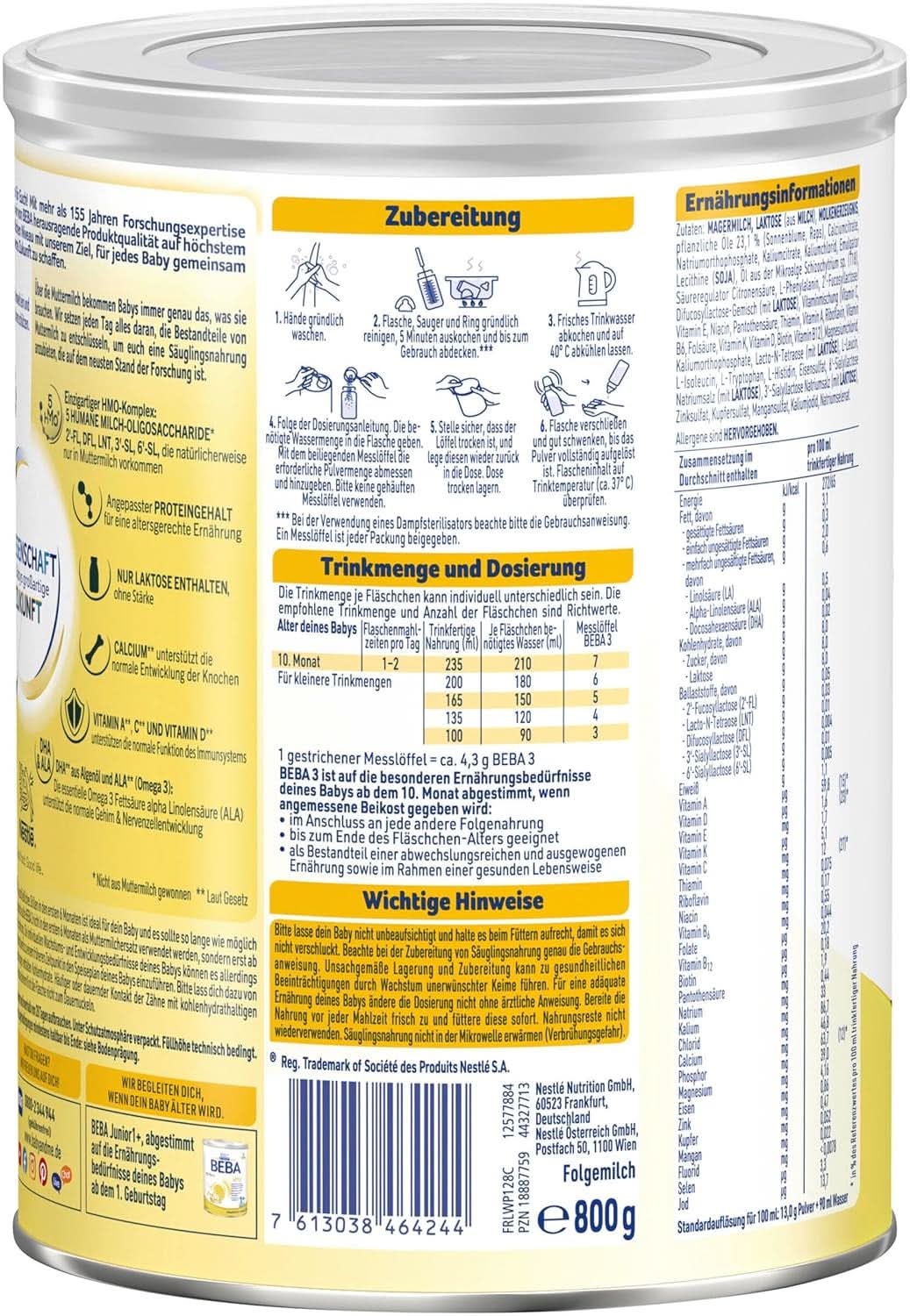 Nestlé BEBA 3 mleko następne w proszku, preparat do dalszego żywienia od 10 miesiąca, opakowanie 3 szt. (3 X 800 g) Matka i Dziecko Naty Shop
