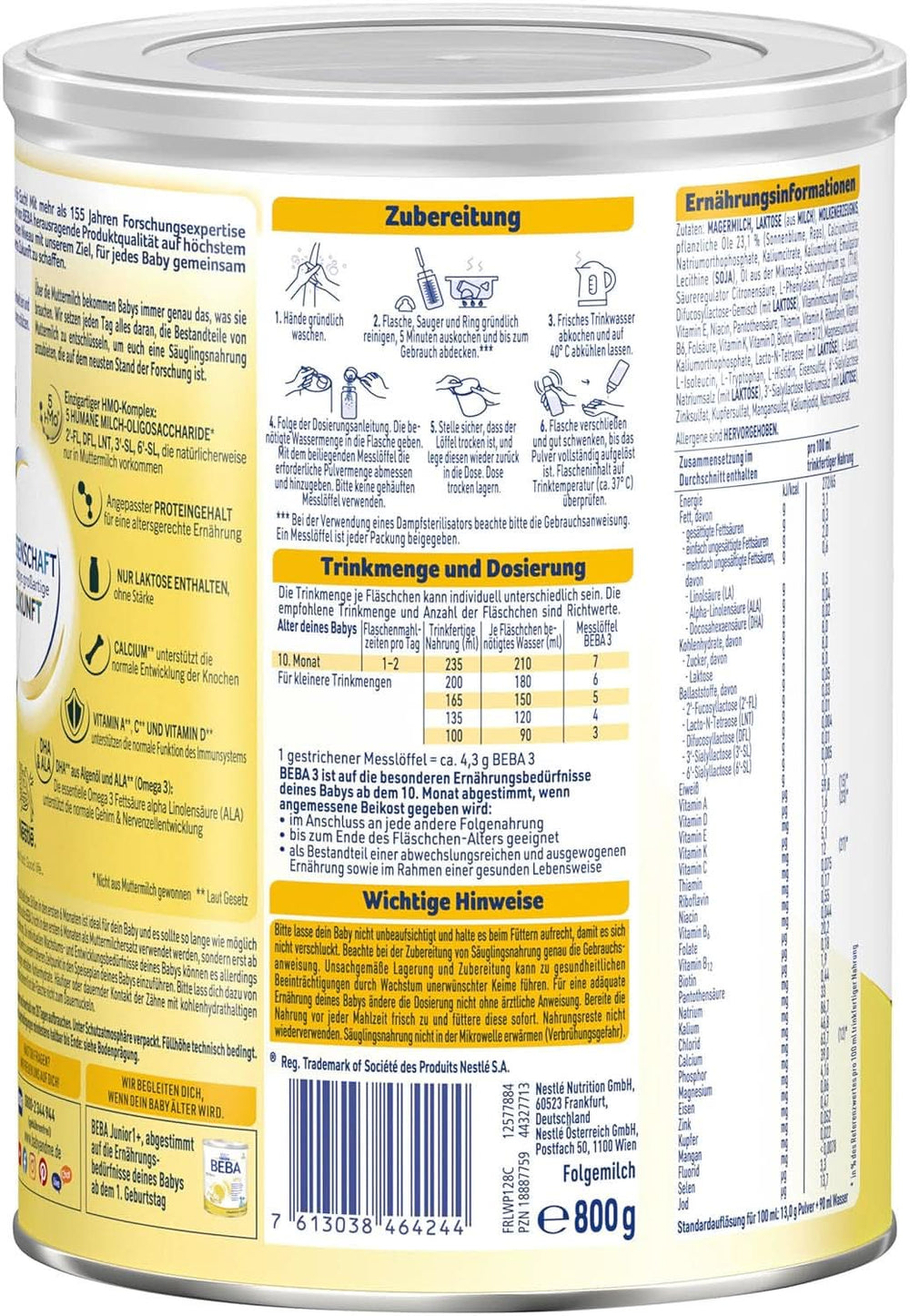 Nestlé BEBA 3 mleko następne w proszku, preparat do dalszego żywienia od 10 miesiąca, opakowanie 3 szt. (3 X 800 g) Matka i Dziecko Naty Shop