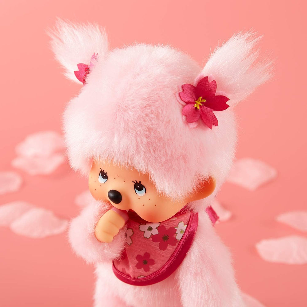 Bandai – Monchhichi Pinky Sakura Rose – Ikonisches Affenkuscheltier der 80er Jahre – Superweiches Kuscheltier 20 cm für Kinder – Spielzeug für Kinder ab 2 Jahren – 24289