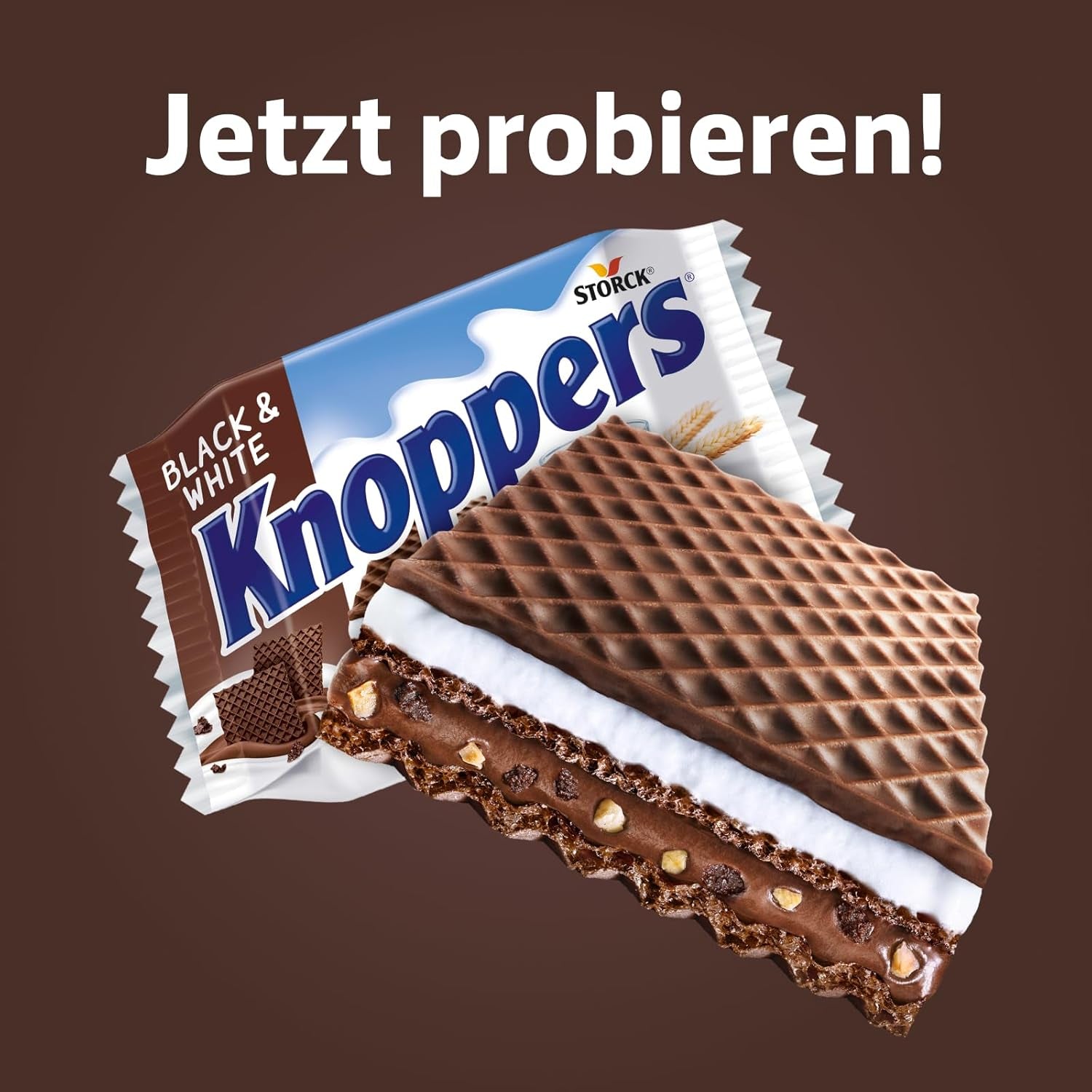 Knoppers Biało-Czarny – 8 x 25g – Plastry wafla nadziewane waflami ciemnego kakao, kawałkami czarnych herbatników, mlekiem i kremem nugatowym