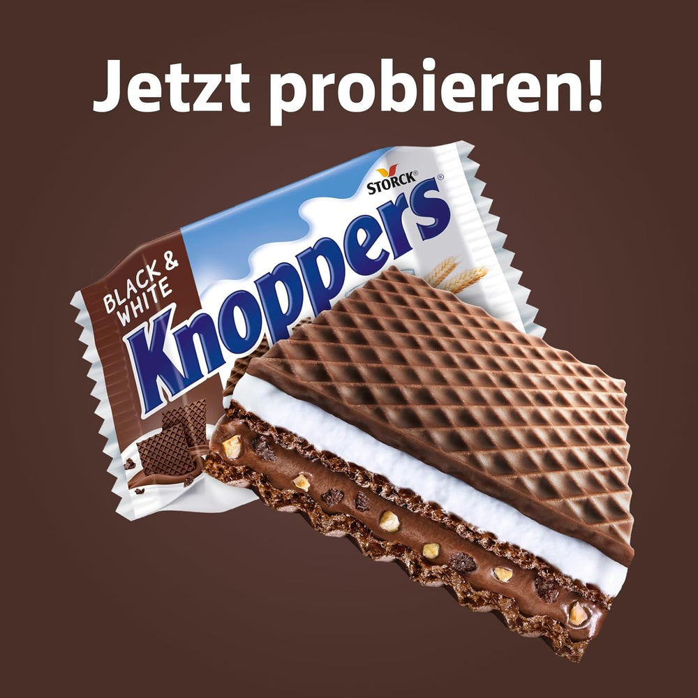 Knoppers Biało-Czarny – 8 x 25g – Plastry wafla nadziewane waflami ciemnego kakao, kawałkami czarnych herbatników, mlekiem i kremem nugatowym