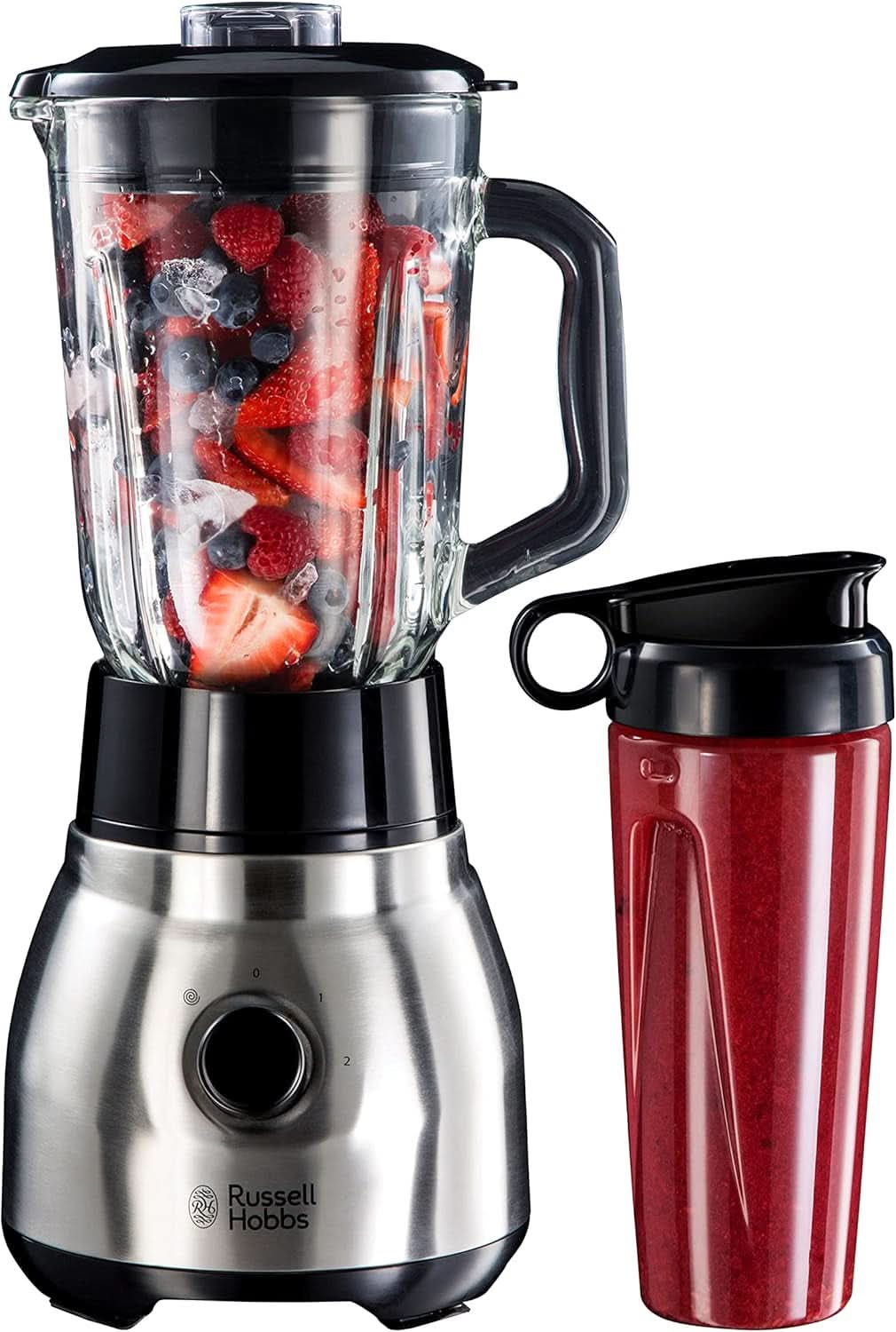 Mikser stojący Russell Hobbs 2 w 1 [mikser do glazury o pojemności 1,5 l i mini-automat do smoothie o pojemności 0,6 l -Trinkflasche na wynos Inkl. Deckel] Spülmaschinenfest, Impuls-/Ice-Crush Funktion, Becher BPA Frei, Edelstahl 23821-56 Kitchen Naty Shop
