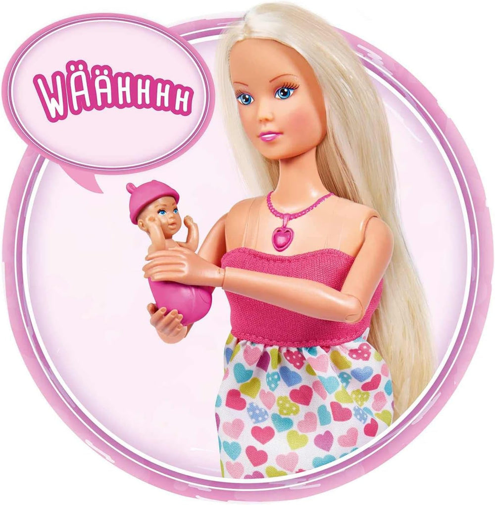 Simba 105733480 - Plecak dziecięcy Steffi Love, lalka w ciąży z dzieckiem i wspaniałymi dźwiękami, akcesoria dla dzieci i nosidełko, różowe lalki Naty Shop