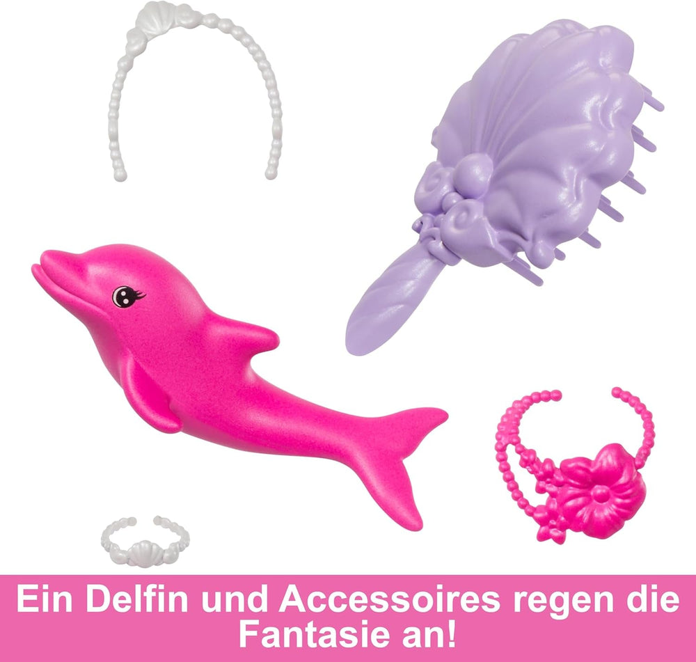 Păpușa Sirenă BARBIE - Inspirată din serialul TV „Barbie: O magie ascunsă”, cu efect de schimbare a culorii și accesorii, păr roz lung de 19 cm pentru coafat, pentru copii cu vârsta de 3 ani și peste, HRP97