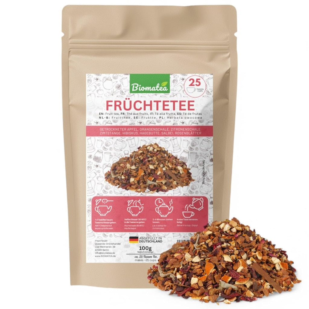 Ceai de fructe – 100 g Amestec aromat de fructe cu mere, hibiscus și scorțișoară – Pungă cu fermoar, aproximativ 25 de cești – Fără aditivi, ambalat în Germania