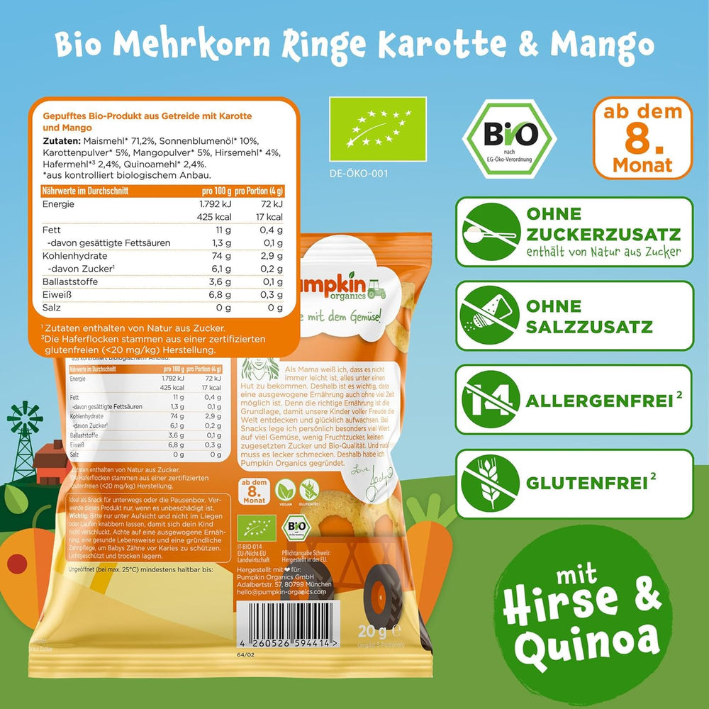 Pumpkin Organics Wieloziarniste krążki z marchewką i mango dla niemowląt (opakowanie 8 szt.) Bez dodatków Przekąski dla dzieci od 12. miesiąca życia – bez alergenów² i bezglutenowe³ Chrupiące przekąski dla dzieci (8 x 20 g)