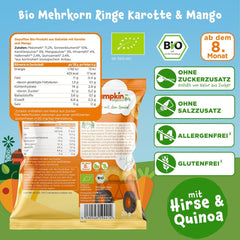 Pumpkin Organics Wieloziarniste krążki z marchewką i mango dla niemowląt (opakowanie 8 szt.) Bez dodatków Przekąski dla dzieci od 12. miesiąca życia – bez alergenów² i bezglutenowe³ Chrupiące przekąski dla dzieci (8 x 20 g)