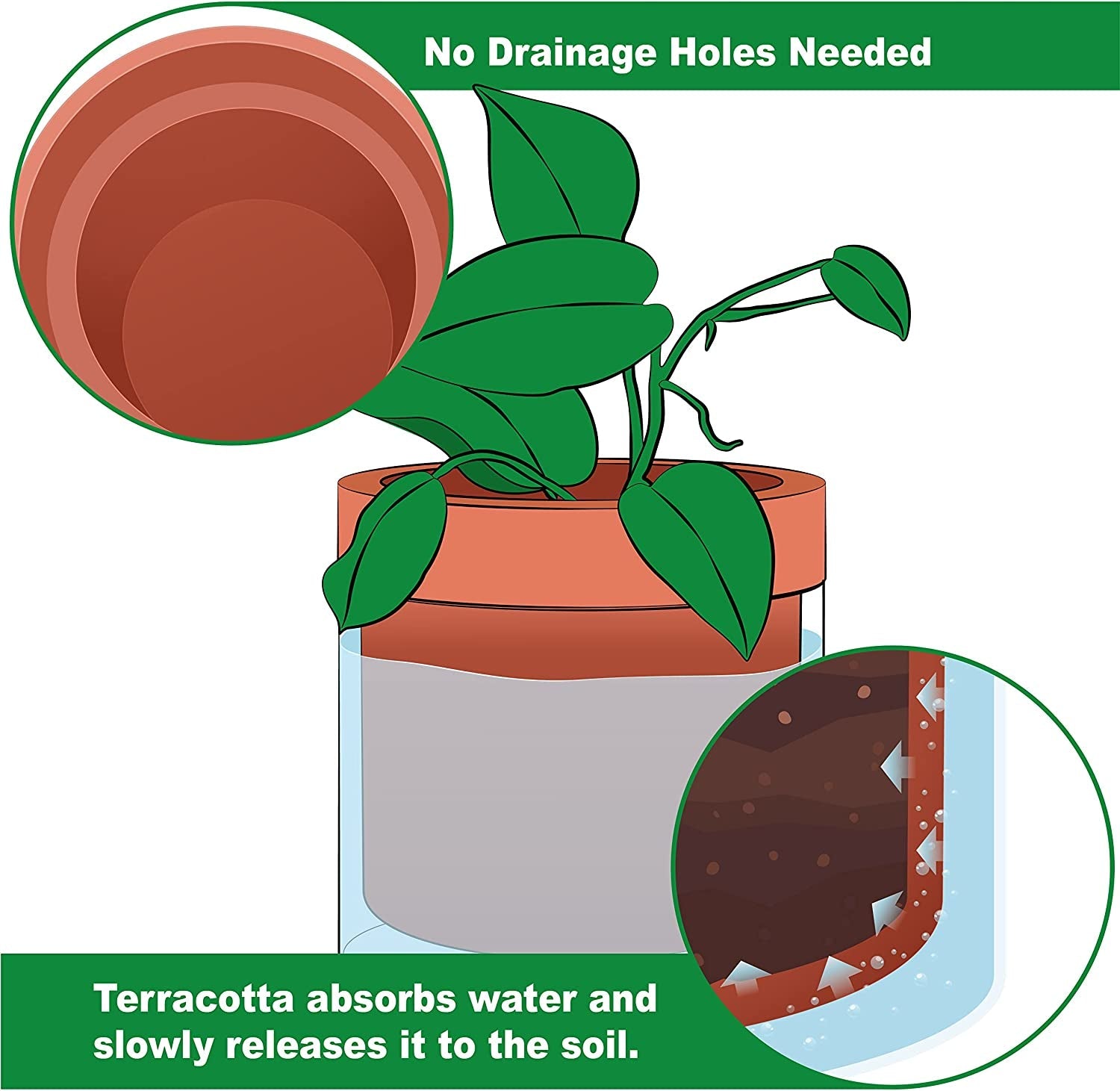 Ghiveci cu auto-udare, 15,2 cm, ghiveci din teracotă cu rezervor de sticlă pentru plante de apartament, ierburi aromatice, flori, 52-AF
