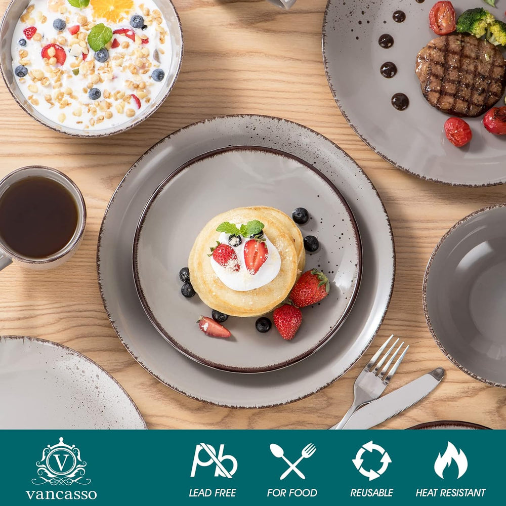 Set de veselă Vancasso pentru 12 persoane, set de veselă din gresie Navia, set combinat de 48 de piese cu farfurii, farfurii pentru salată, boluri și cești, aspect vintage, design natural