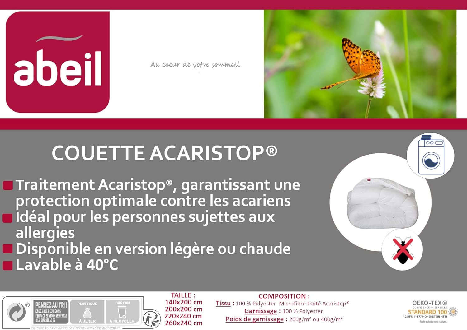 Poszwa na kołdrę Abeil Acaristop z efektem przeciwroztoczowym i antybakteryjnym, poliester, biała, 220 X 240 cm Kołdry i kołdry Naty Shop