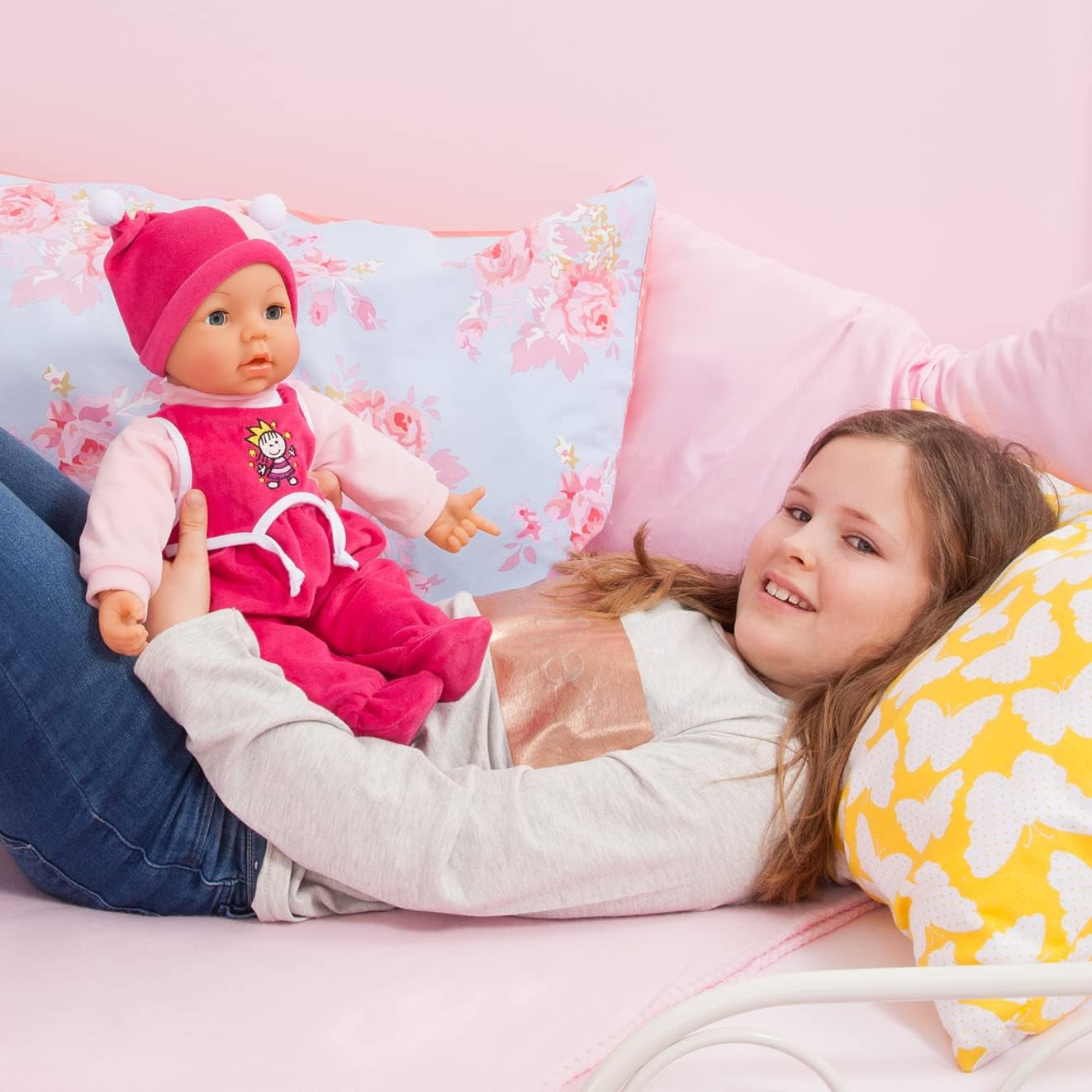 Funktionspuppe Hello Baby mit Geräuschen, bewegt den Mund, interaktive Puppe, Babypuppe, mit Zubehör, 46cm, rosa