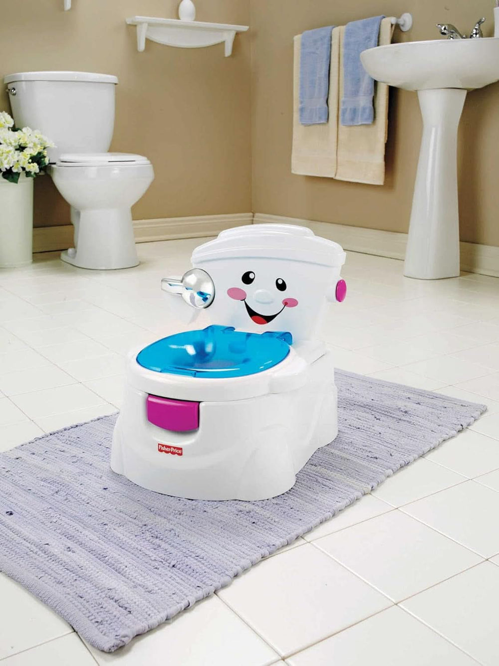 Toaleta Fisher-Price Meine Erste, Baby Töpfchen, Mit Musik & Lustigen Sätzen, Tragbare Baby Toilette, Abnehmbarer Toilettenaufsatz, Wersja Deutsche, Ab 1 Jahr, P4326 Akcesoria Żywność i karmienie piersią Sklep Bebe Naty