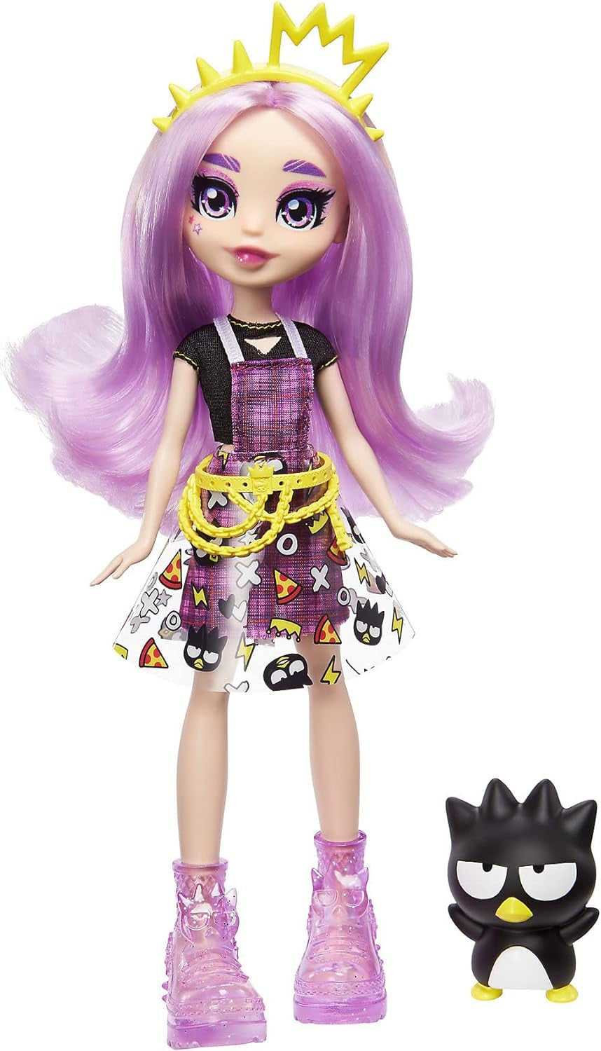 Mattel Hello Kitty GWW98 - Sanrio Badtz-Maru Figur und Jazzlyn Puppe (ok. 25,4 cm) z klejem i akcesoriami, langem lila Haar i modnym strojem, tolles Geschenk für Kinder ab 3 Jahren