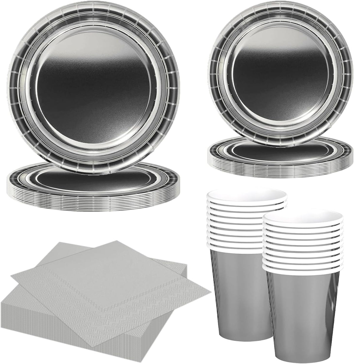 Set de tacâmuri din hârtie argintie, format din 68 de piese, farfurii de hârtie argintii, pahare de hârtie, șervețele, tacâmuri decorative pentru petreceri, zile de naștere, nunți, Revelion, absolviri, articole pentru petreceri