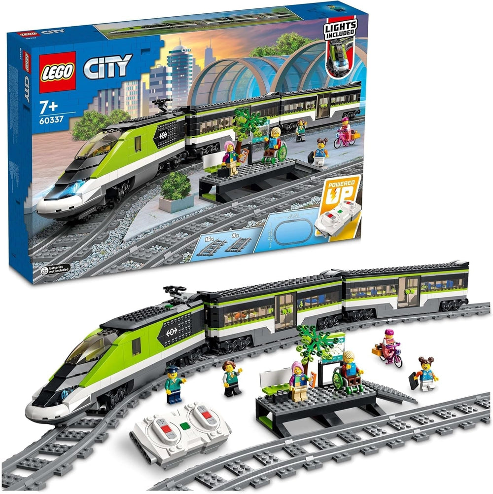 LEGO City Ekspres pasażerski, zdalnie sterowany pociąg, zabawka kolejowa z reflektorami, 2 wagony i 24 elementy torów, prezent dla dzieci, chłopców i dziewcząt 60337 Zestawy do budowania Besuche den LEGO-Store Single