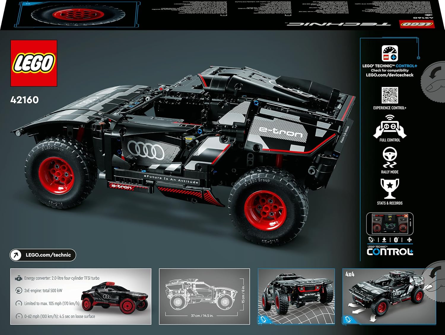 LEGO 42160 Technic Audi RS Q e-tron, zdalnie sterowany Rallye-Auto-Spielzeug, Dakar-Rallye-Geländewagen, App-steuerter RC mit Control+, Geschenk für Jungen, Mädchen und Fans ab 10 Jahren zum Bauen
