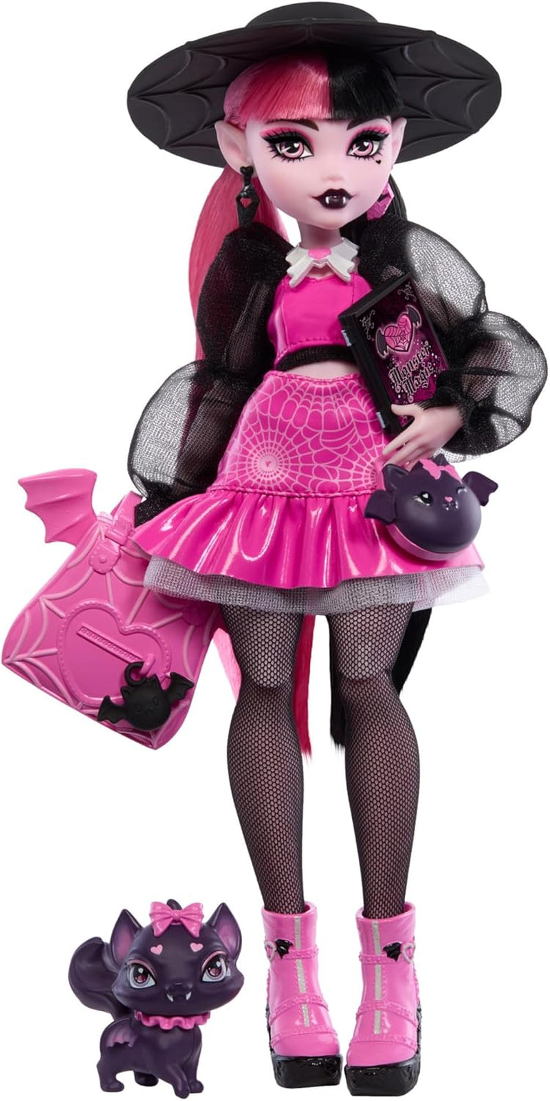 Lalka Monster High Draculaura ze swoim zwierzątkiem Count Fantastyczny kot-nietoperz i akcesoria, takie jak plecak, księga zaklęć, pudełko bento i inne, HRP64 Naty Shop Dolls Count Fabulous