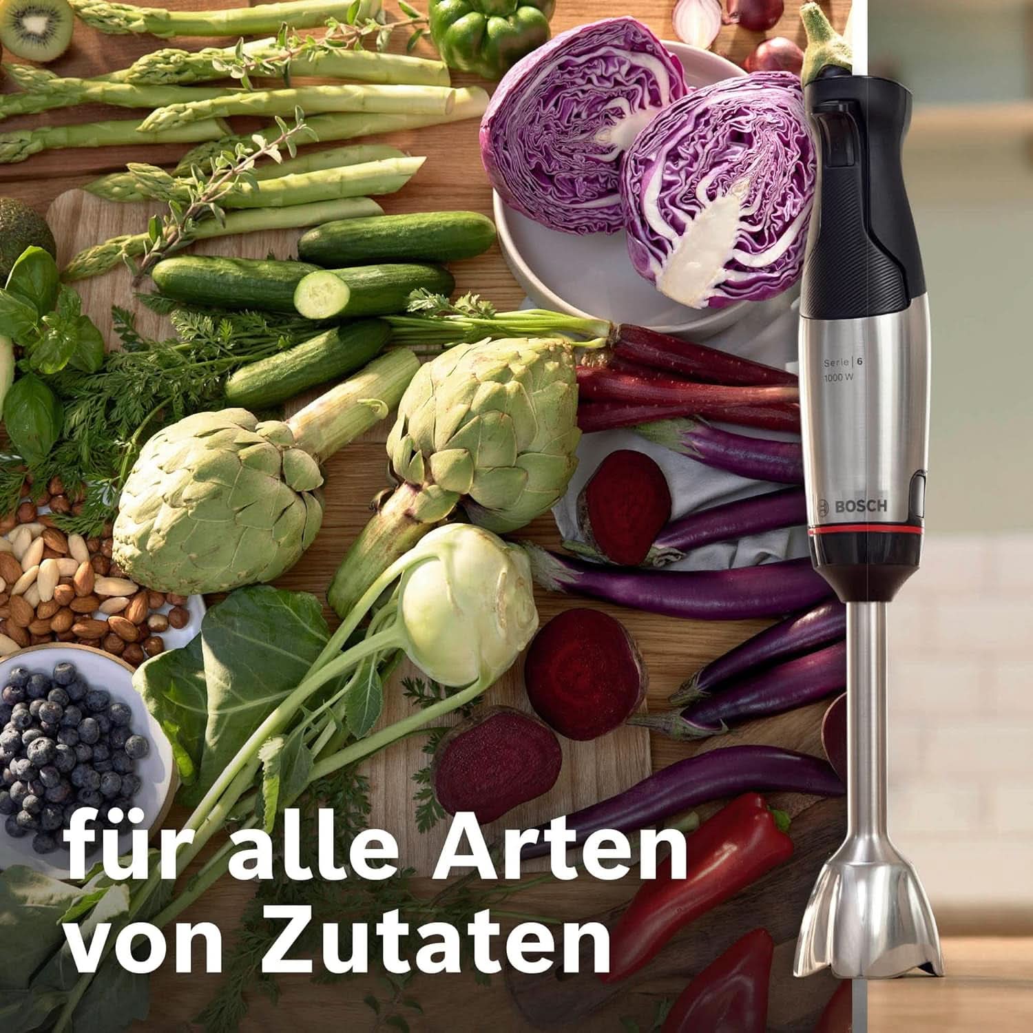 Bosch Stabmixer Ergomaster Serie 6 MSM6M623, 10 Jahre Motorgarantie, Edelstahl-Klingen, Verschleiãÿfreie Keramik-Kupplung, Luftkühlung, Zerkleinerer, Kartoffelstampfer, Schneebesen, 1000 W, Edelstahl Kitchen Naty Shop