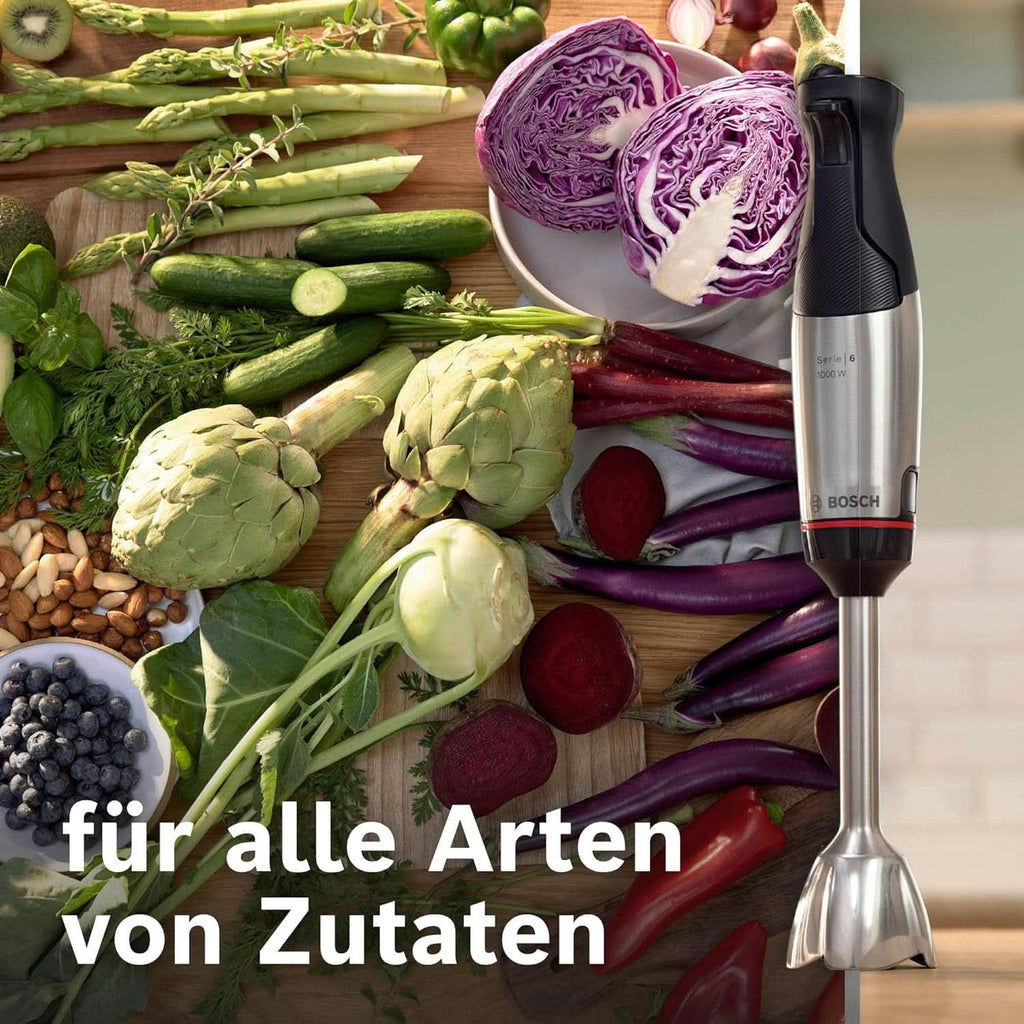 Bosch Stabmixer Ergomaster Serie 6 MSM6M623, 10 Jahre Motorgarantie, Edelstahl-Klingen, Verschleiãÿfreie Keramik-Kupplung, Luftkühlung, Zerkleinerer, Kartoffelstampfer, Schneebesen, 1000 W, Edelstahl Bucatarie Naty Shop