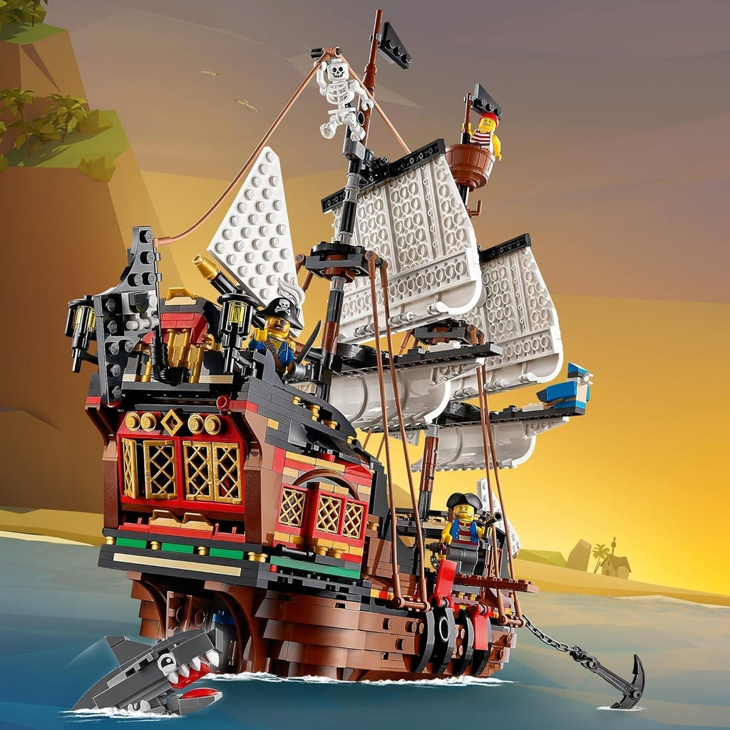 Set navă pirat LEGO Creator 3 în 1, jucărie cu 3 opțiuni de construcție, construiește o tavernă pirat sau o insulă pirat cu craniu, include 3 minifigurine pentru aventuri de rol 31109 Seturi de constructie Besuche den LEGO-Store