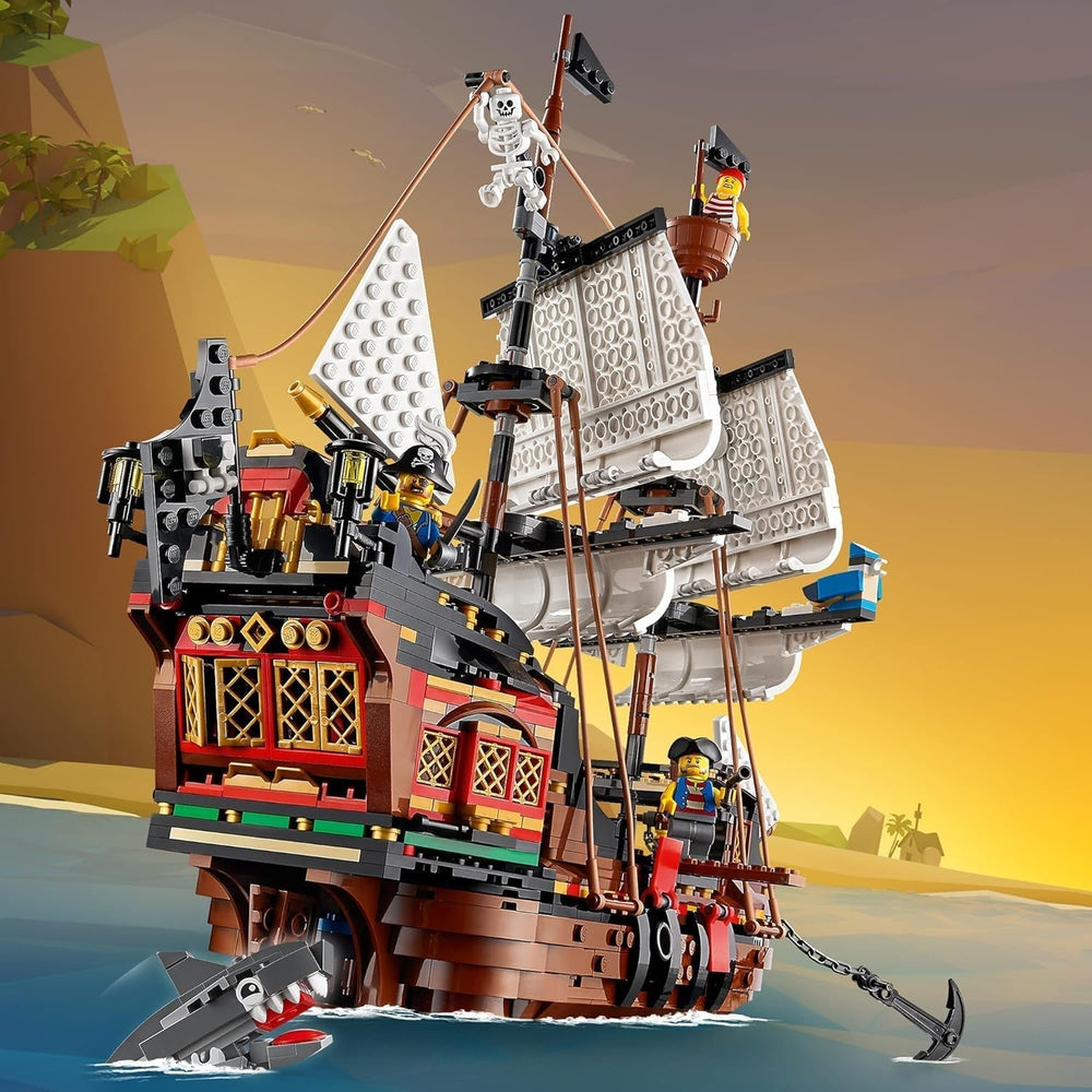 LEGO Creator Zestaw statku pirackiego 3 w 1, zabawka z 3 opcjami budowania, zbuduj piracką tawernę lub wyspę piratów Czaszki, zawiera 3 minifigurki do odgrywania przygód 31109 Zestawy do budowania Besuche den LEGO-Store