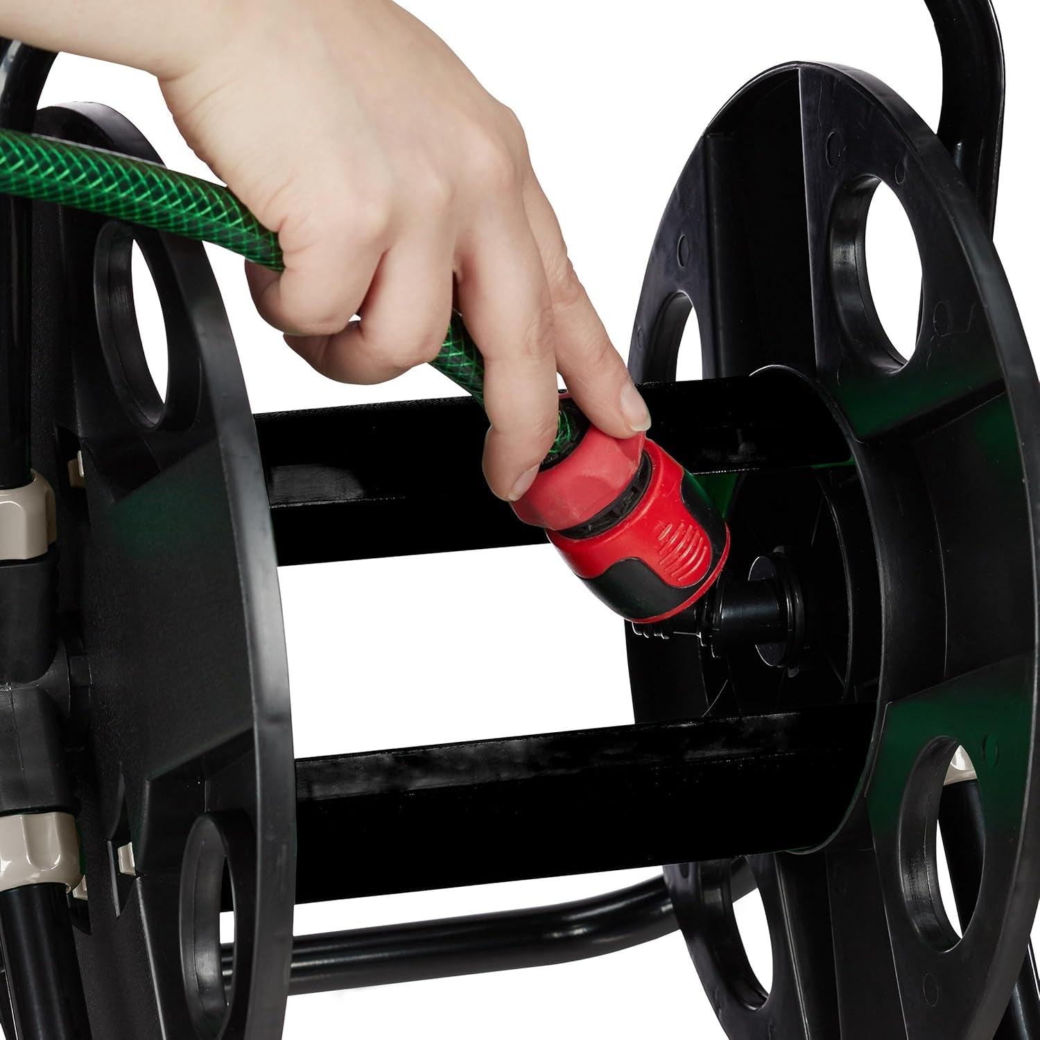 Rolă furtun Relaxdays, pentru furtun de 30 m 1/2", oțel, plastic, suport furtun, HL: 38 x 42 x 31 cm, negru-gri