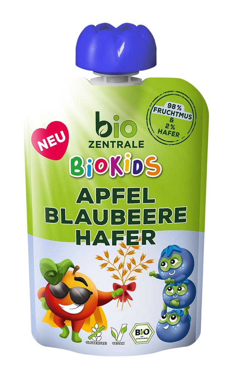 Biozentrale Biokids Przecier owocowy jabłka borówki owies | 12X90G | Wegańska przekąska owsiana owocowa | Bez dodatku cukru granulowanego Sklep dla Matki i Dziecka Naty Shop