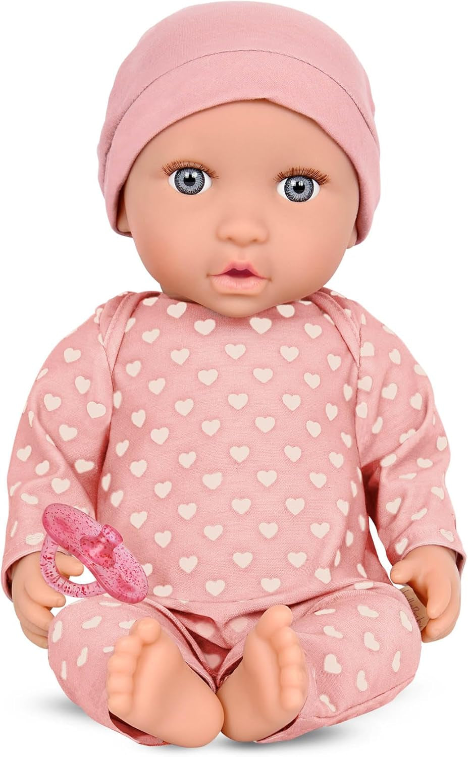 LullaBaby - Baby Puppe - Einteiler & Mütze - 36 cm Realistyczny Baby-Puppe - Orzech laskowy, brązowe oczy i miękkie ciało - Romper i Schnuller-Zubehör - Udawaj zabawę - Kinder 2 Jahre +