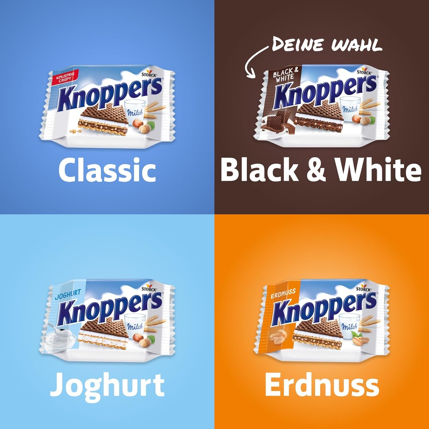 Knoppers Biało-Czarny – 8 x 25g – Plastry wafla nadziewane waflami ciemnego kakao, kawałkami czarnych herbatników, mlekiem i kremem nugatowym